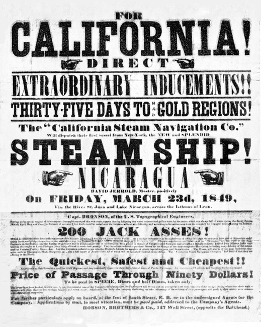 Ein Werbe-Plakat aus dem Jahr 1849 für Schiffspassagen nach Kalifornien zum Goldrausch.