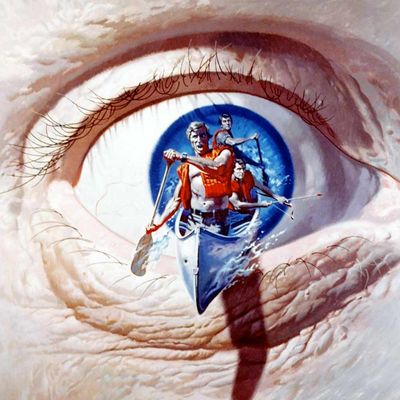 Ausschnitt aus einem 70er Jahre Film Poster, Stil: Filmpostergemälde. Das Bild zeigt ein großes einzelnes Auge im Zentrum des Bildes, dessen blau wie ein Fluß wirkt, aus dem auf den Betrachter zu sein Kanu herausspingt, mit drei hintereinander positionierten, in roten Schwimmwesten bekleideten Männern. Der vorderste und der hintere steuern mit ihren Rudern das Kanu, der mittlere zielt mit einem Jagdbogen auf etwas.