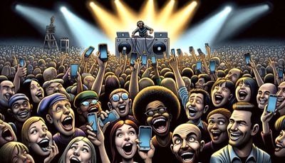 A comical digital art depiction of a concert scene, replacing the band with a deejay. The foreground features a diverse crowd of people, including Caucasian, Hispanic, Black, and Asian individuals, with an equal mix of men and women. They are humorously holding up oversized smartphones, with exaggerated expressions of excitement. In the background, a single deejay is at a turntable, depicted in a whimsical, exaggerated style, surrounded by playful, bright lights and comical stage effects. The overall atmosphere is lively and filled with a sense of fun and lightheartedness typical of a comic illustration.