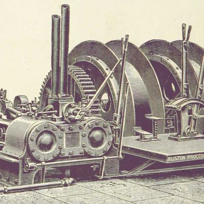 Strichzeichnung einer alten Industriemaschine