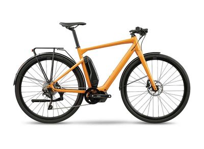 Ein orangefarbenes Elektrosportrad.