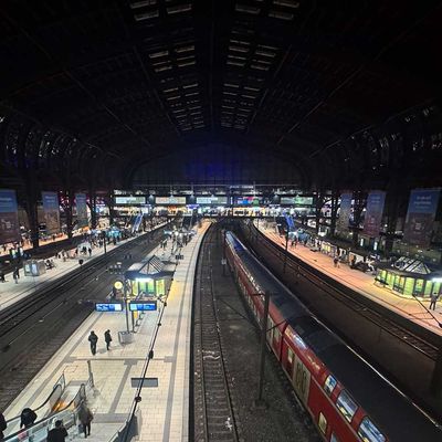 Hamburger Hauptbahnhof bei Nacht von oben fotografiert. Auf den perspektivisch nach hinten verlaufenden Bahnsteigen wuseln Menschen umher in der Bildmitte ist ein roter Regionalexpresse zu sehen, ganz rechts im Bild fast verdeckt ein weiterer RE in blau/gelb. Viele Anzeigetafeln mit Werbung sind zu sehen, aber nicht zu erkennen.
