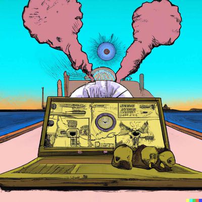 atomic explosion above the ocean with birds in the sky and computers in the water comic style