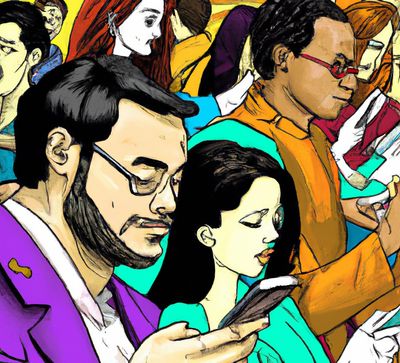 a comic book like color drawing of people interacting with their smartphones igonring the world around them