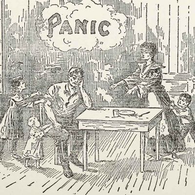 Eine schwarz-weiße Karikatur zeigt eine Familie am Esstisch: Ein erschöpft wirkender Mann sitzt mit dem Kopf in der Hand, während Frau und Kinder an ihm zerren und Aufmerksamkeit verlangen. Über ihm schwebt eine Gedankenwolke mit dem Wort „PANIC“, was seinen Stress und seine Überforderung symbolisiert.