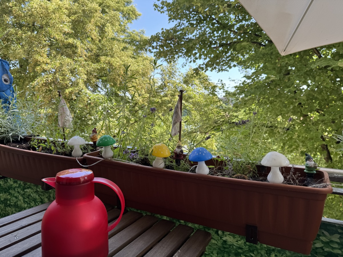 Balkonszene: im Vordergrund eine rote Isolierkaffeekanne, dahinter Blumenkästen mit Lavendel, dahinter Linden, dahinter ein Fluß in der Sonne