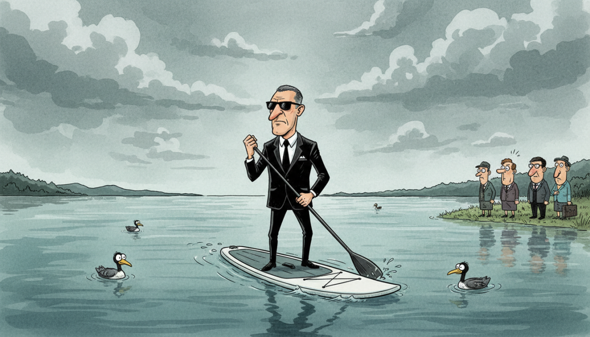 Cartoon LLM generiert: ein Mann im schwarzen Anzug und Sonnenbrille (Agent) steht auf einem SUP und paddelt auf einem See mit Enten. Am Ufer stehen anderen Agentinnen und Agenten.