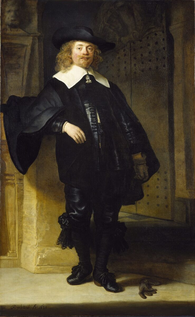 Portrait des Andries de Graeff von Rembrandt (1639), ein ganz in schwarz gekleideter Mann mit einem breitkrempigen Hut und einem Umhang, steht an eine Säule gelehnt, vor ihm ein Handschuh auf dem Fußboden.