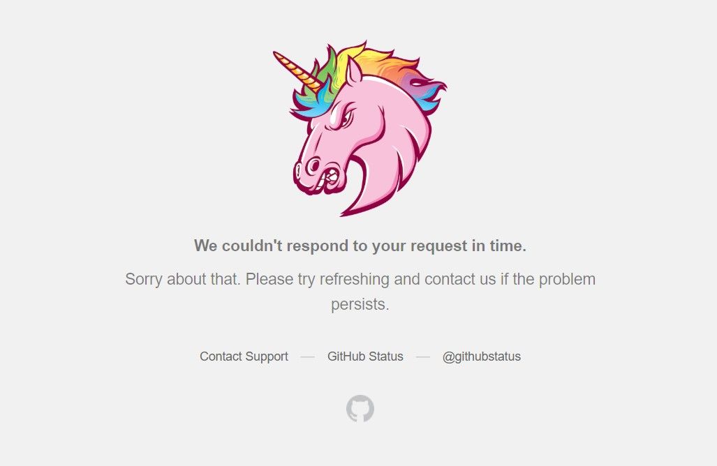 Github Status Page mit dem Einhorn: „We couln't respond to your request in time.“