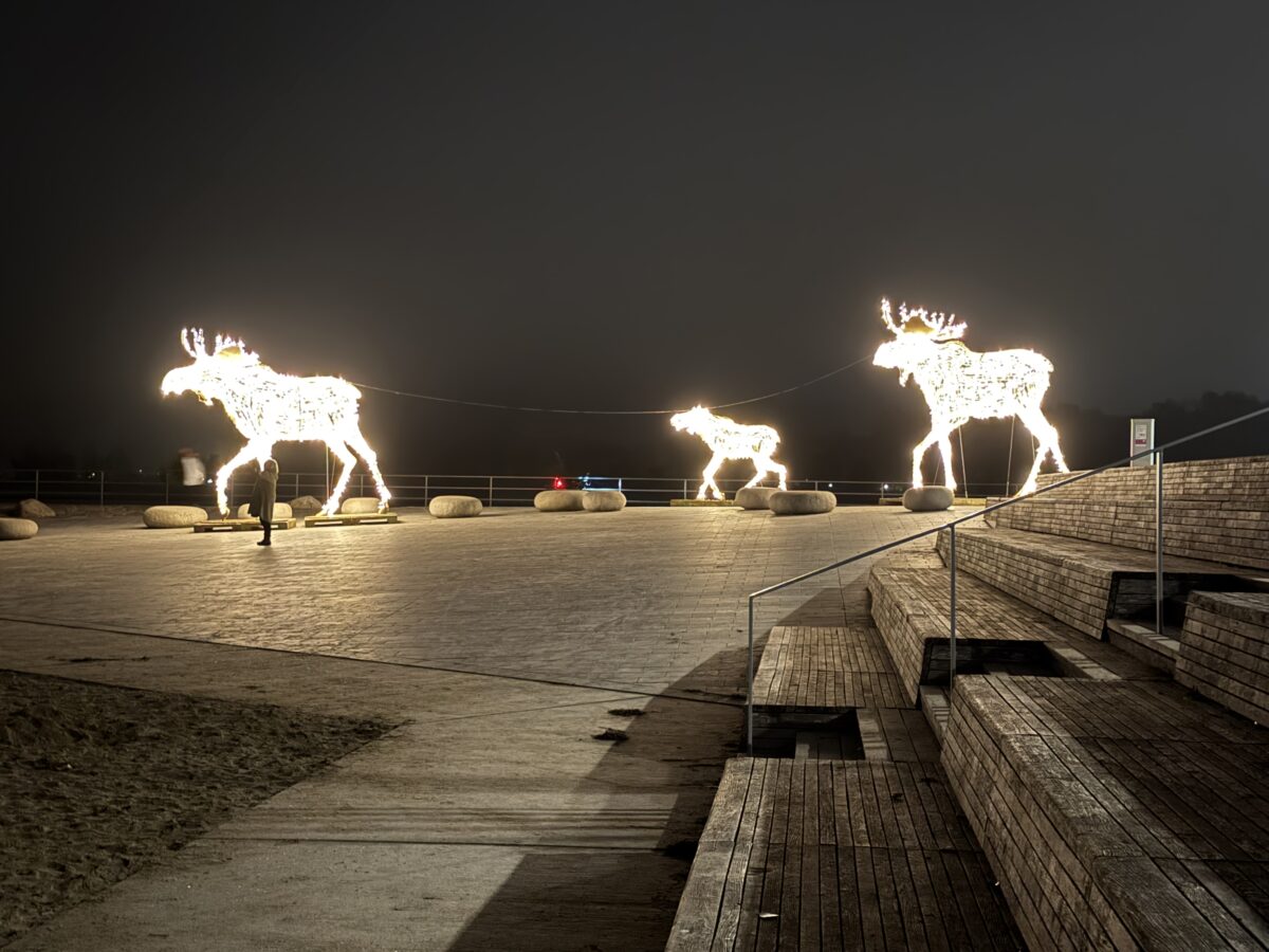 Drei Lichtskulpturen von Elchen stehen am Ende der Travemünder Promenade und erleuchte diese.